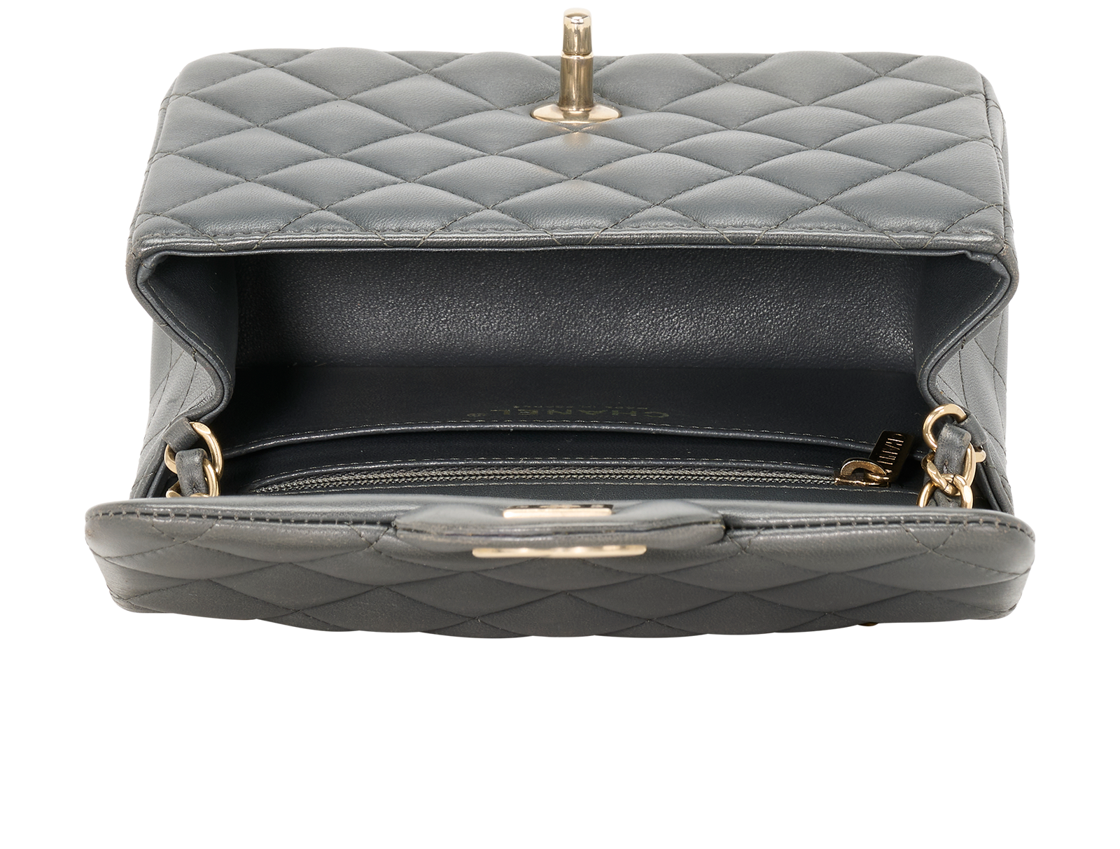 Mini Square Classic Flap Bag, &pound;3,500, Handbags, Grey, Lambskin Leather, Inside view